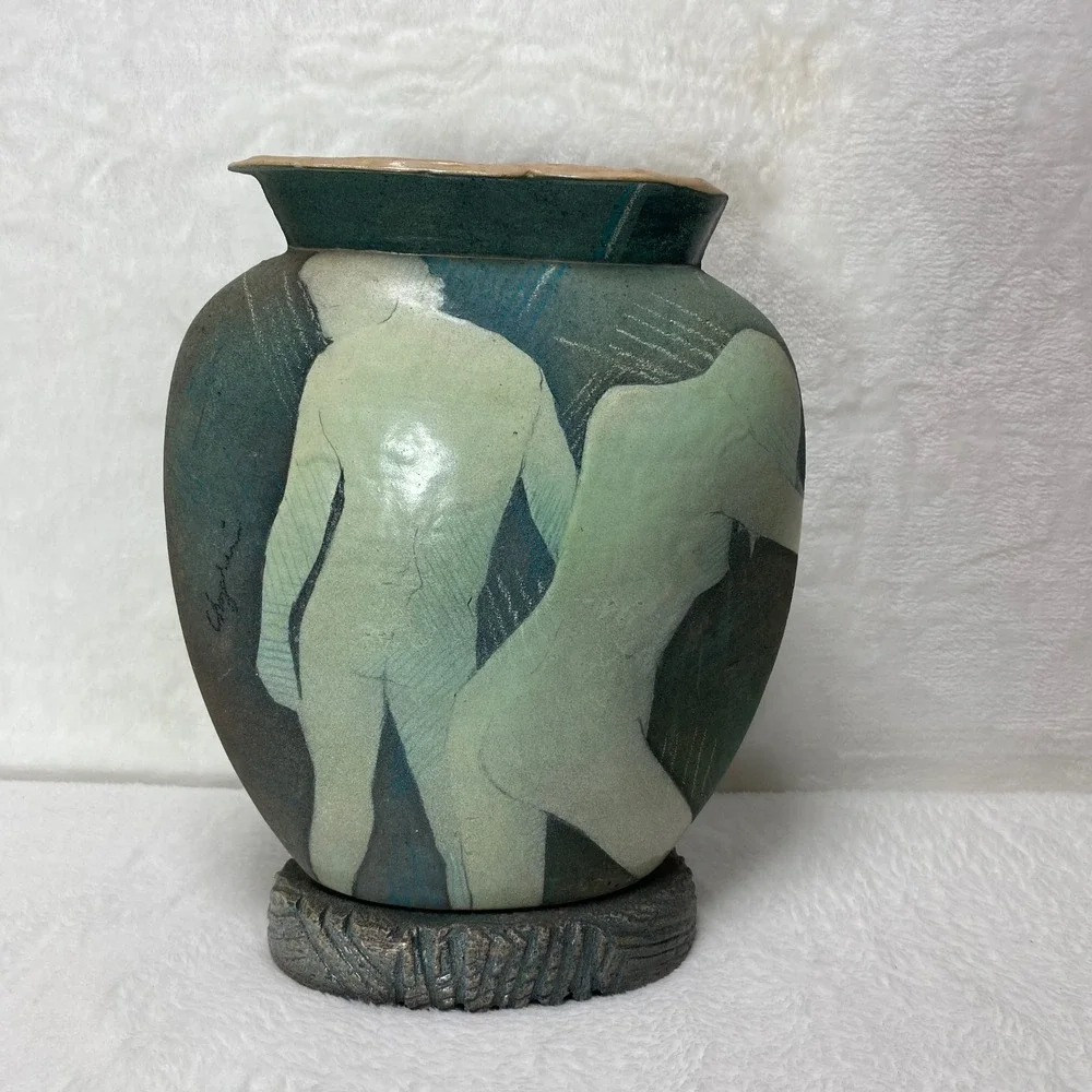 Unique Pottery Ceramic Signed Vase Abstract Design‎ Nude Couple Textured Base